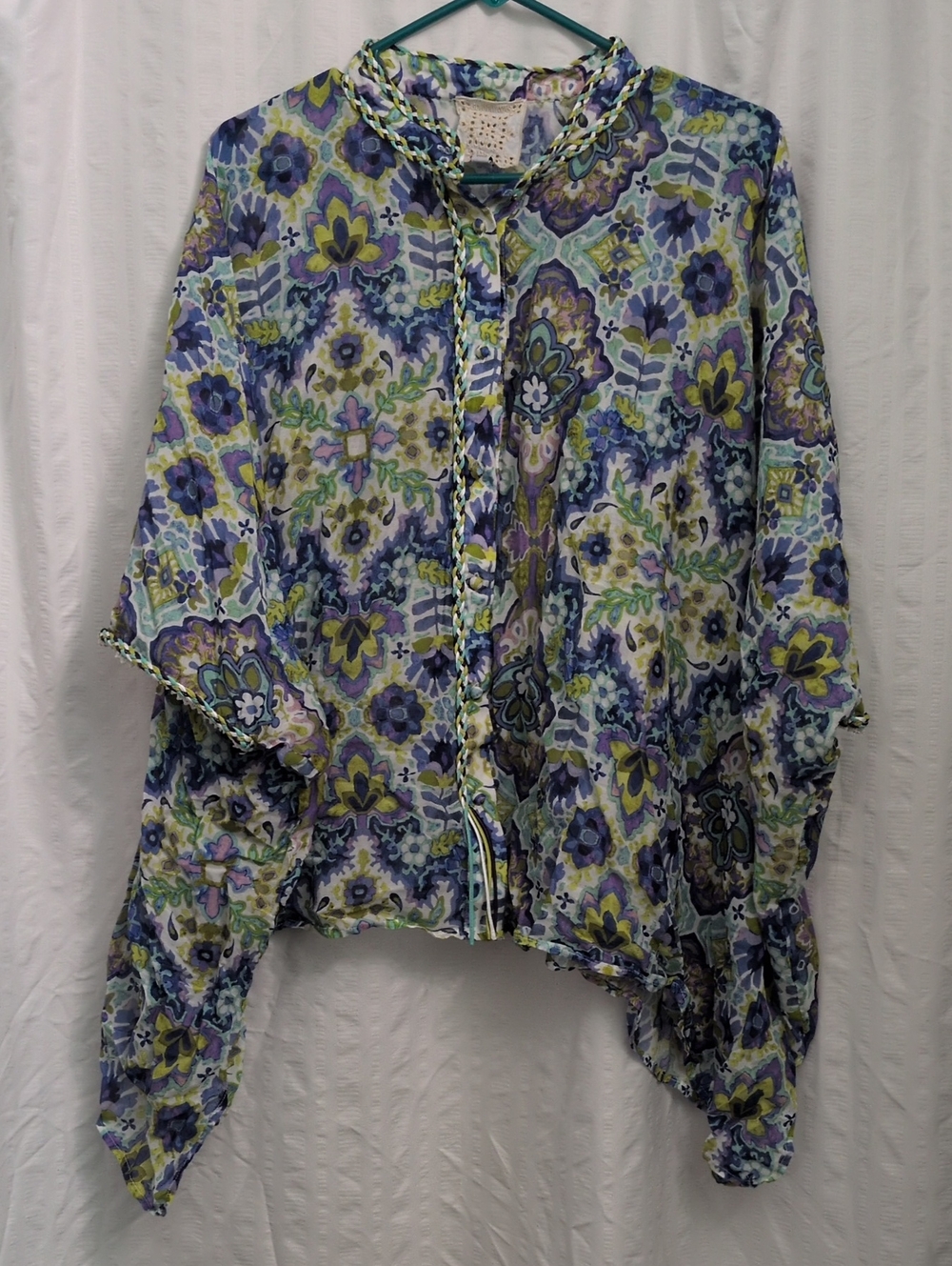 Johnny Was Jade Kiara Blue Paisley Button Down Kimono Top - Size XL